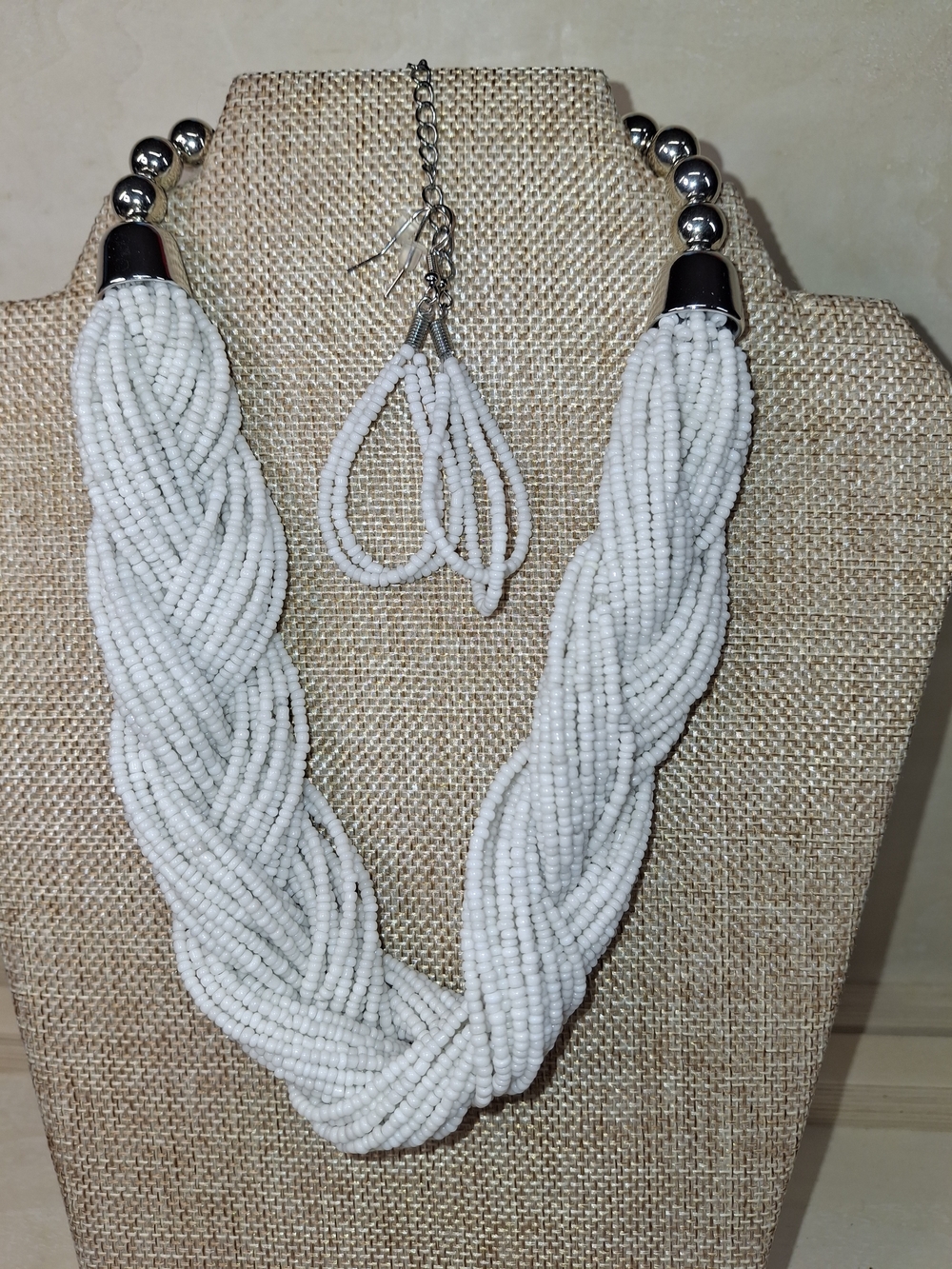 White Beaded Braided Statement Necklace and Earrings